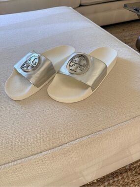 Tory Burch Metallic Silver Logo Slide Sandals with White Footbed